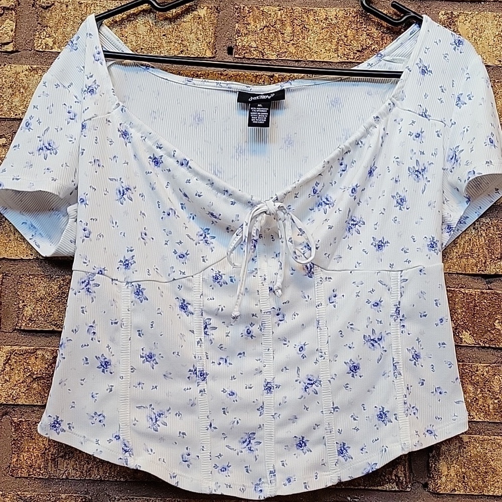 Just Polly Floral Deep V Neck Short Sleeve Top Size XL